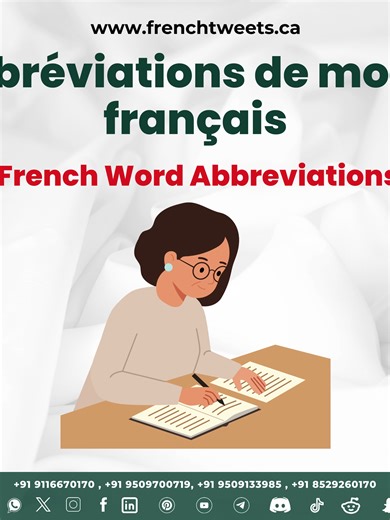 🇫🇷 French abbreviations are mostly spoken, not formal writing. Learn them to sound more natural & fluent.✨ ✅ Sign up on our website for a FREE language learning consultation: Register Here: https://frenchtweets.ca/learners-registration.aspx ✅ Get in touch via DM, call, or WhatsApp:India: 91 9116670170 / 91 9509700719 / 91 9509133985 / 91 8529260170 ✅ Email us at: info@frenchtweets.ca #frenchlanguage #learnfrench #frenchabbreviations #spokenfrench #frenchvocabulary #frenchlearning #frenchwords 