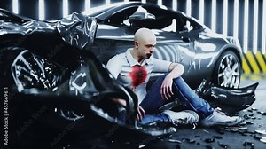 Human crash test dummy sitting near destroyed car crash test. Future concept. Realistic 4k animation.