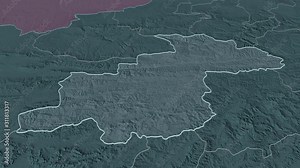 Ghor, province with its capital, zoomed and extruded on the administrative map of Afghanistan in the conformal Stereographic projection. Animation 3D