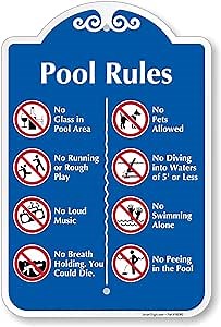 SmartSign Designer "Pool Rules, Prohibition Rules At Pool Area" Sign, 12" x 18", 120 mil Aluminum Composite (ACM) with Overcoat, Red & Blue, Made in USA