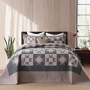 SahSahCasa 100% Cotton 120"x102" Oversized Bedspread Coverlet Quilt Set, Oversized Queen Quilted Bedspread Reversible Extra Large Quilt, XL Bed Spread Lightweight Comforter, 3pc, Brown/Black/Taupe