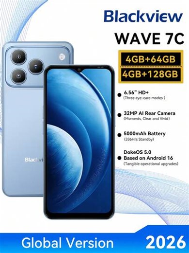 Blackview WAVE 7C Unlocked Smartphone, Android 16, 5000mAh Battery, 13MP+32MP Dual Camera, Side Shortcut Key, Octa-Core Processor (4+8 Expanded)GB+64GB/128GB/Max 1TB Storage, 6.56" HD+ Display, 3 Card Slots, 4G Dual SIM Dual Standby, Charger Not Included | SHEIN