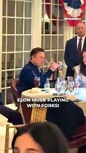 Elon Musk looks bored and plays with a fork and two spoons while having dinner with Trump at the White House. | Celebrities