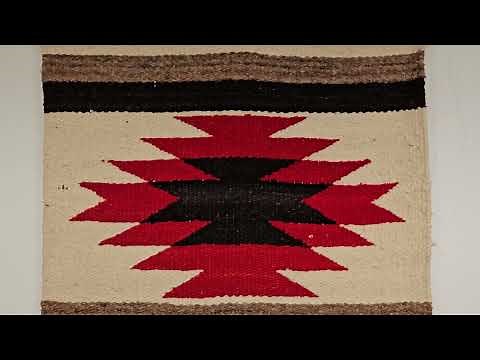 Vintage Native American Navajo Area Rug in Double Medallion Pattern in Ivory, Red, Black, Gray 1958