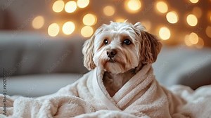 A relaxed wrapped in a spa robe and cap relaxing and enjoys a spa day. concept of services for dogs and pet care