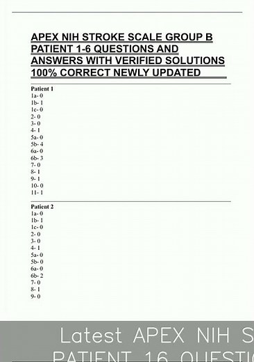Latest APEX NIH STROKE SCALE GROUP B PATIENT 16 QUESTIONS AND ANSWERS WITH VERIFIED SOLUTIONS 100 CO