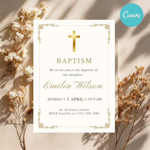 Elegant Gold Baptism Invitation Template, Classic Christening Invite, Editable Printable & Phone Invitation - Etsy