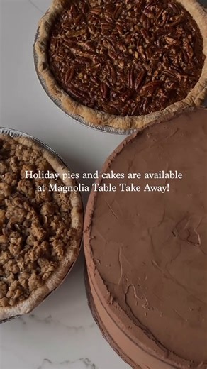 Christmas dessert, easy as pie (or cake)! Come by Magnolia Table Take Away to purchase a whole Pecan Pie, Apple Pie, or Chocolate Cake for your holiday gatherings. Call ahead or visit during operating hours! #VisitMagnolia Phone number: (254) 265-6859 Take Away hours: Monday–Saturday 8am–3:30pm | Visit Magnolia