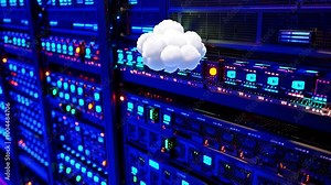Colorful server room filled with network equipment and a digital cloud icon representing cloud computing technology