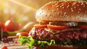 Juicy beef patty nestled in sesame bun with cheese, lettuce, tomato, and onion - classic fast food meal on white plate