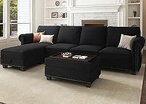 Nolany Velvet Sectional Sofa Set, L Shaped Sectional Couch with Storage Tray Ottoman Convertible 4 Seater Sofa Couch for Living Room, Black