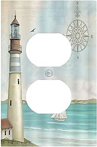 Nautical Lighthouse Ocean Coastal Compass 1 Gang Outlet Plate Decorative Single Duplex Wall Plate Covers Electrical Receptacle Light Switch Cover Art Faceplate Switchplate for Country Bathroom Decor