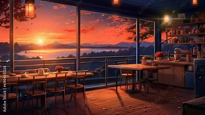 Lofi Cozy cafe animation concept background, cafe atmosphere with sunset view, Anime illustration style. Smooth looping time-lapse animation. Generated with AI