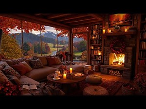 Relaxing Autumn Cabin Vibes 🍂 Soft Piano Jazz Music & Cozy Crackling Fireplace for Peaceful Moments
