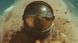 Astronaut in a dusty alien landscape with Earth in the background and helmet reflecting the barren terrain