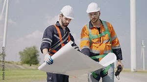 Two caucasian engineer specialists in renewable energy wearing personal protective equipment looking at blueprints and discussing installing and repairing wind turbines on windmill construction farms.