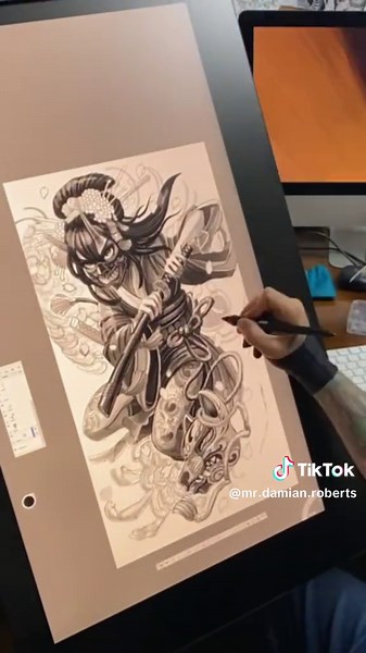 Working on some Digital drawings on my 32”pro wacom. Tokk me a bit to get used to workinv on this tablet other than working on paper. For an upcoming project! #tattoo #tattoodesign #wacomcintiq #wacom #drawing #draw #geisha #wip #akira #afrosamurai #happyplace #sketch #okotoks