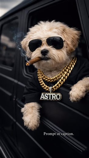 Astro ✨🧿 on Instagram: "Caption : Generate image of A hyper-realistic cinematic photograph of a dog in a picture styled like a gangster, leaning halfway out of the driver-side window of a matte black Mercedes G-Wagon. The dog wears black aviator sunglasses, a thick oversized gold Cuban chain with a diamond-encrusted name pendant reading “NAME.” A lit cigar is clenched in the dog’s mouth with subtle smoke drifting upward. One paw rests casually on the car door. Moody overcast outdoor lighting, s