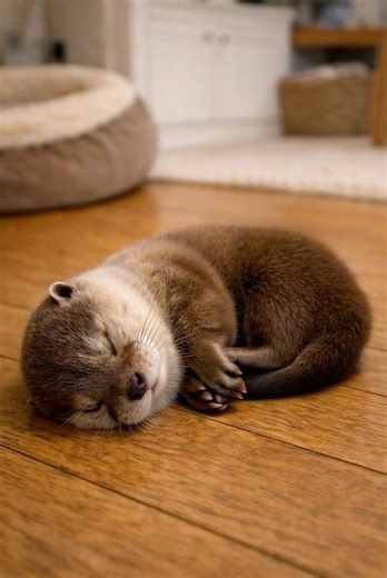 Baby Otter Wakes Up and Rolls Around on the Floor 🥺💤→😄