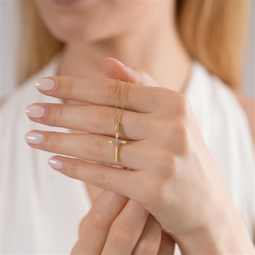 14k Gold Cross Necklace, Diamond Accent Vertical Pendant, Religious Gift - Etsy