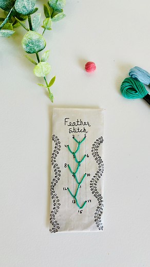 Knots and Threads on Instagram: "Feather stitch tutorial 🌿 If you guys want to learn embroidery with my easy tips and tricks, comment ‘WORKSHOP’in the comment section!! Feather Stitch is a decorative stitch, usually, used to accompany it with embellishments or other forms of stitches like the French knot. This stitch can be used liberally to make beautiful borders, horizontal or vertical fillings, or even designs with curves. Should I upload more videos like this? Say ‘yes’ in the ‘comment’ sec