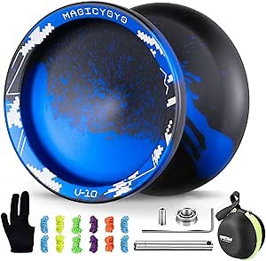 MAGICYOYO V10 Finger Spin Yoyo Professional Metal Trick Yoyo Responsive & Unresponsive Dual Purpose Yo Yo with Storage Case + Yo Yo Glove +12 Strings(Black Blue)
