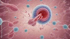 Macro view through a microscope of the process of in vitro fertilization of a female egg with a sperm cell in an IVF bowl in a laboratory. horizontally. , Generative AI