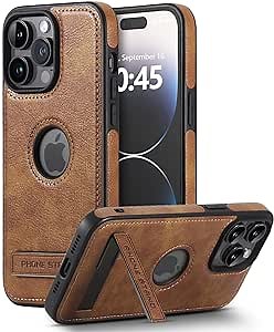 Leather Case for iPhone 15 Pro Max Case, Thin Flexible Soft Grip Luxury Cover, Protective Slim with Kickstand Shockproof Cases Compatible with iPhone 15 Pro Max 6.7'', Brown