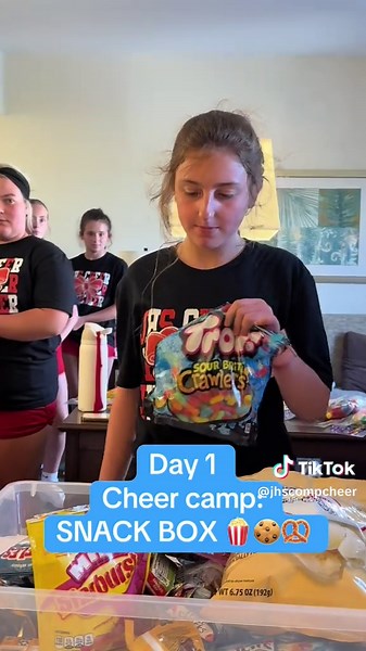 Stay to the end to meet our NEW team member… LUKE. UCA Camp Day 1 🍕🥨🍪🍿 #ucacamp #jhscheer #highlands #ohio #WVa #cheer #sidelinecheer #snackbox #team