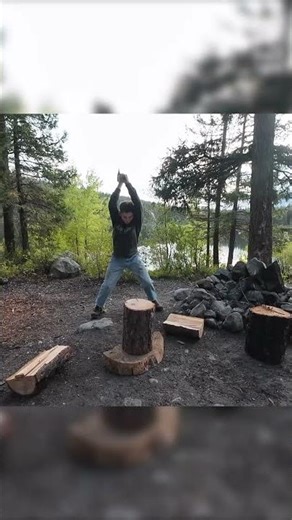 Chopping wood for a chilly lake camping night
