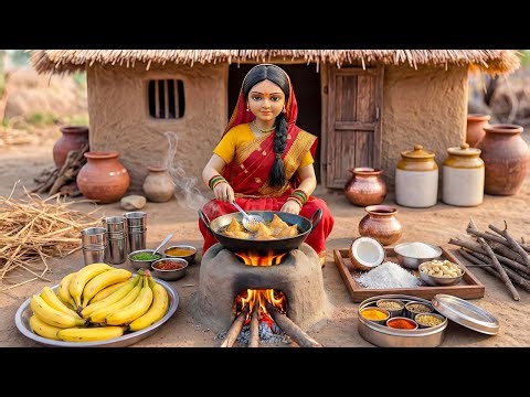 Miniature Doll Makes Banana Coconut Filling Fritters ASMR | Indian Village Tiny Kitchen Story
