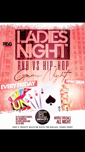 Start your weekend off right with the OG Game Night Crew @aogentdallas at @brewcitykitchenandcocktails! Every Friday, we’re bringing you that exclusive Ladies Night the ultimate Hip Hop vs RnB Game Night 🔥😮‍💨 Game Night jumps off at 9pm, but pull up early for them $5 drink specials for the ladies—’cause you know the vibe. Hosted by the one and only MC Chris Green 🎤 Crowd control by @cmgreen1357 and @kingofturnup30 Vibes on deck from @djalmostfamous What’s good: * Free Parking * Free Sections