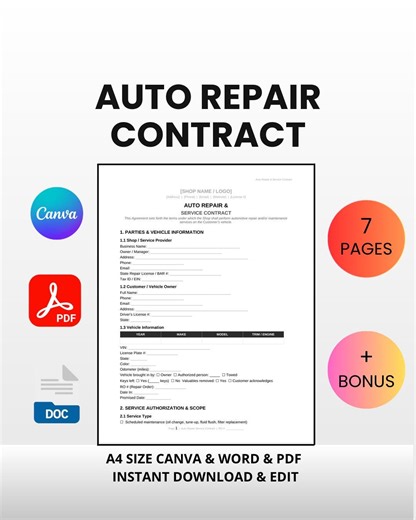 Auto Repair Contract Kit | Service Agreement, Estimate, Intake Form (canva, Word, PDF) - Etsy UK