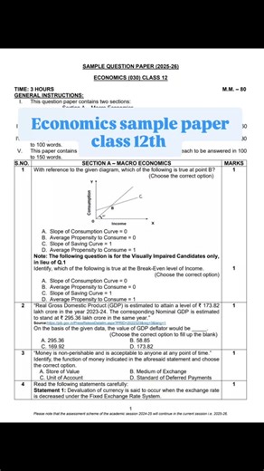 IMS ACADEMY on Instagram: "*Class 12th Economics Sample Paper – Overview* The Economics sample paper for Class 12th is designed to help students prepare effectively for their board examinations by providing a clear understanding of the question paper pattern, marking scheme, and important topics. *Structure of the Sample Paper:* 1. *Section A – Microeconomics* - Contains short answer type questions (3-4 marks each). - Covers topics like Consumer Equilibrium, Demand and Elasticity, Production Fun