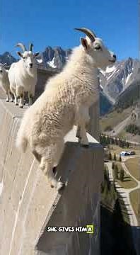Baby mountain goat climbs a vertical dam for the first time with his mother #shorts