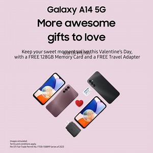 Gift yourself awesome style and awesome speed with the #GalaxyA14 5G this Valentine's Day! Discover #MoreWaysToLove and enjoy a FREE 128GB Memory Card and a FREE Travel Adapter with your purchase! ❤️ #GalaxyGifts Visit your Samsung Experience Store and Authorized Stores to learn more. | Samsung