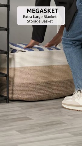 Extra Large Blanket Basket, 23.6" x 15.7" x 14.1" Woven Blanket Storage for Living Room, Wicker Throw Pillow Shoe Holder Bin, Big Kids Dog Toy Organizer, Cotton Rope Baskets for Organizing