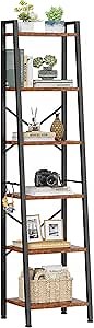 Furologee 6 Tier Ladder Shelf Bookcase, Tall Ladder Bookshelf Narrow with 2 Hooks, Industrial Metal Wooden Shelf Free Standing, Skinny Bathroom Shelves for Bedroom Living Room Kitchen, Rustic Brown