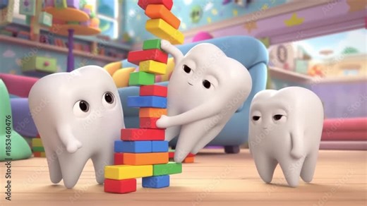 A family of tooth characters builds a block tower together. Collaborative 3D animation for family dentistry teamwork themes.