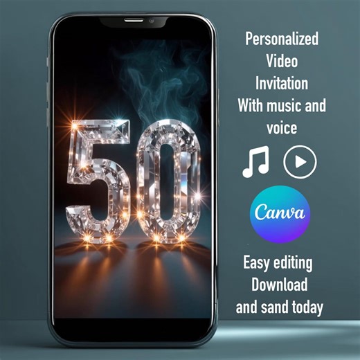 Editable Elegant 50th Birthday Invitation With Music and Voice | Diamond Facet Style | Premium Celebration Design | Canva Template - Etsy