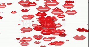 Happy Valentine's Day banner. Motion design. Digital greeting e-card. Animation illustration. Beating heart and red lips on white background. Digital pixel valentine card. Flat style with particles