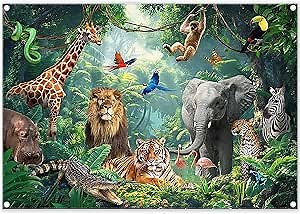 Fabric 7x5ft Jungle Forest Animals Photography Backdrop Tropical Rainforest Safari Background Wild Party Decorations Kids Event Photo Banner Props
