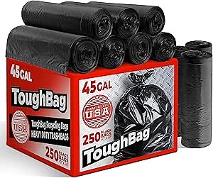 ToughBag 40-45 Gallon Trash Bags Heavy Duty (250 Count) | Black Garbage Bags | Made In USA