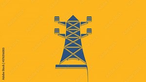 Blue Electric tower used to support an overhead power line icon isolated on orange background. High voltage power pole line. 4K Video motion graphic animation