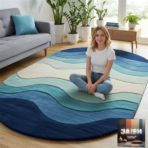 Handmade Round Abstract Wave Wool Rug, Blue Gradient Modern Area Rug for Living Room by Jaish Rugs Creation - Etsy