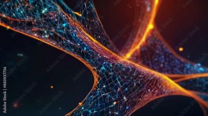 waves and dots forming a neural network, showcasing the data transfer process. The animation can highlight the complexity network with flowing, glowing lines, 4K tech wallpaper animation video