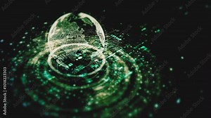 Futuristic circular HUD motion graphic user interface featuring a holographic Earth and digital telemetry data display for a computer desktop background