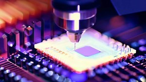 Microchip production printing processor CPU component AI memory storage microelectronics assembly semiconductor technology industry manufacturing computer circuit board equipment