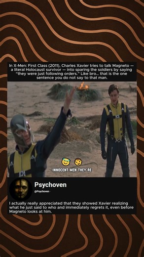 In X-Men: First Class (2011), Charles Xavier tries to talk Magneto — a literal Holocaust survivor —