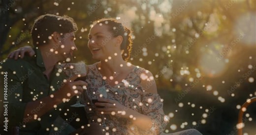 Couple clinking glasses in park, leaning in and kissing amid particles and lens flare, lifestyle